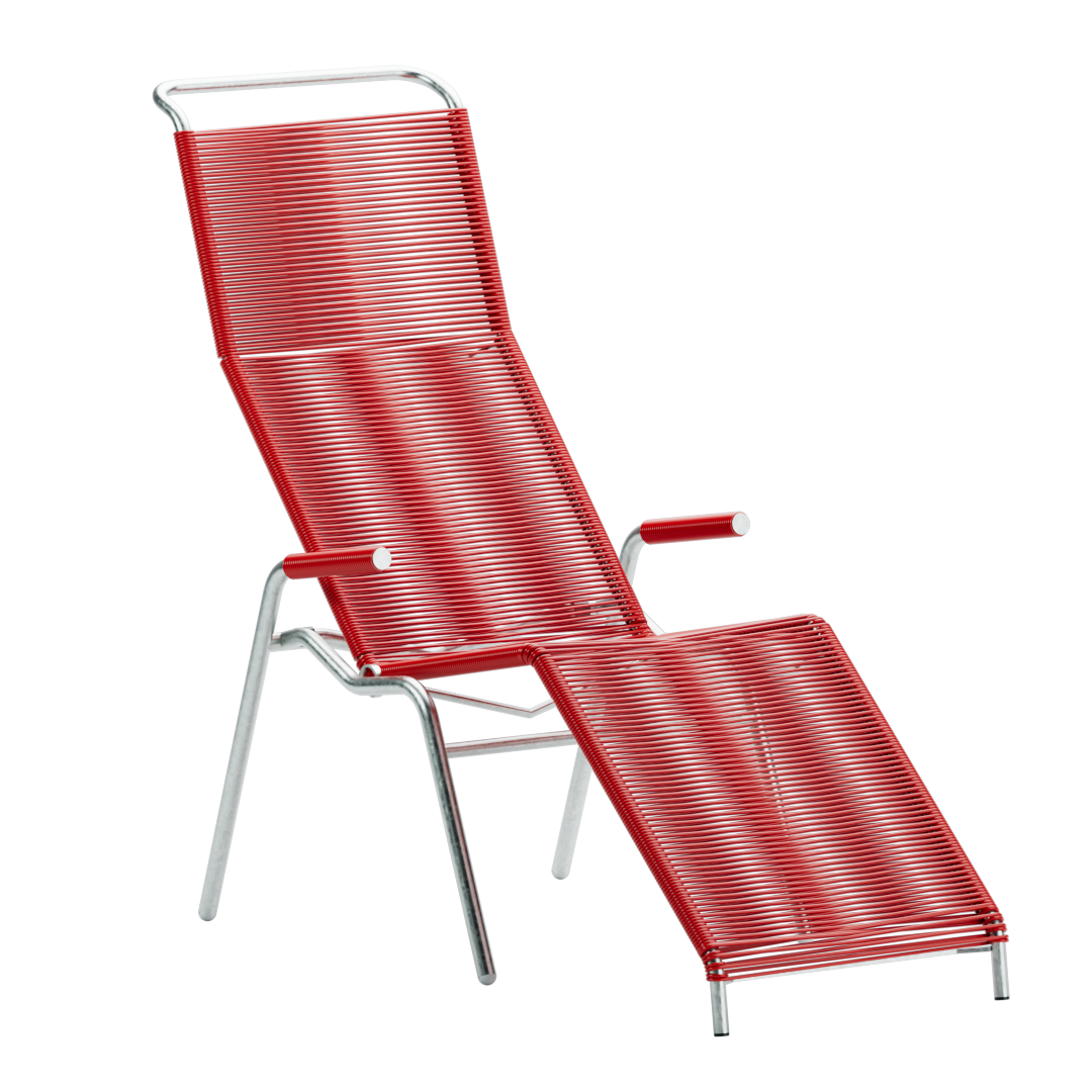Sänties Spaghetti Liegestuhl rot - ergonomischer Relaxsessel mit Fußstütze aus Aluminium und roten Spaghettiträgern