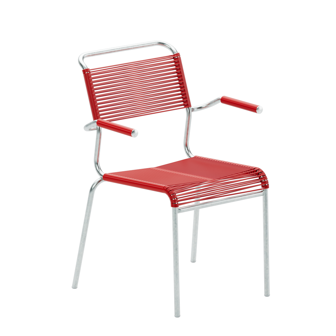 Sänitis Spaghetti Stuhl mit Lehne rot - moderner Designstuhl mit Armlehnen und roten Kunststoffstreben