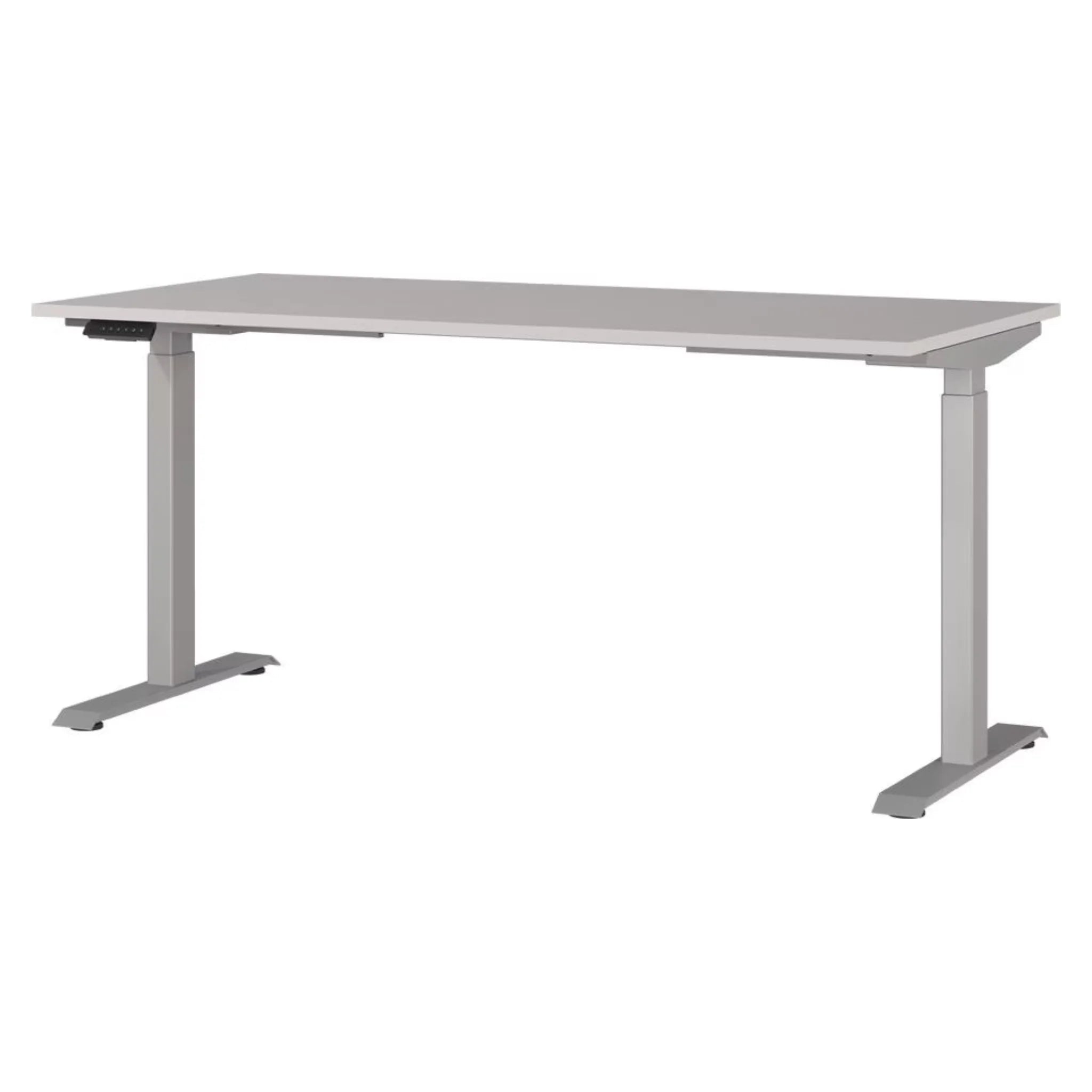Elektrisch höhenverstellbarer Schreibtisch grau mit silberner Metallkonstruktion, modernes Büromöbel Design.