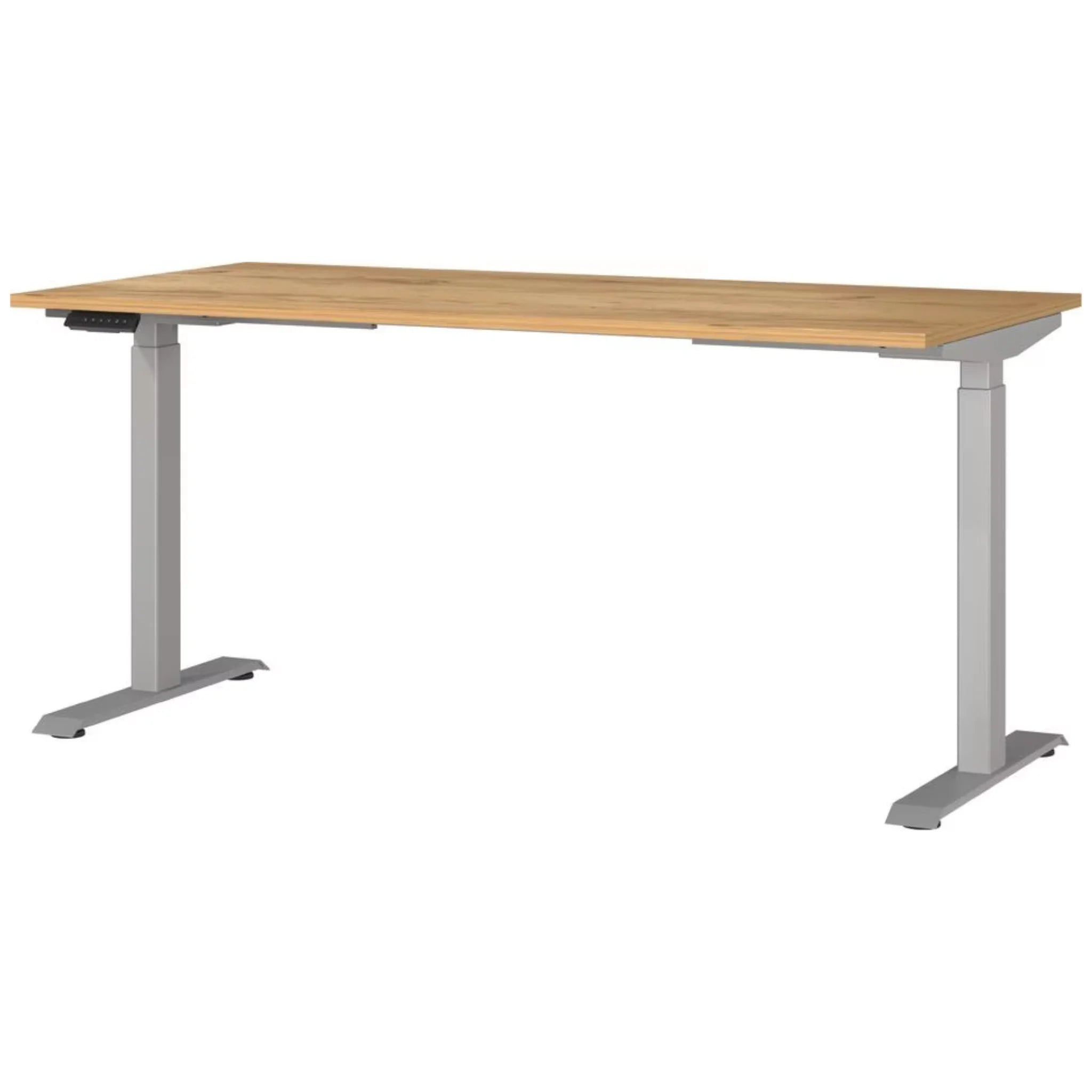 Elektrisch höhenverstellbarer Schreibtisch mit Holzplatte und grauem Metallgestell für ergonomisches Arbeiten.