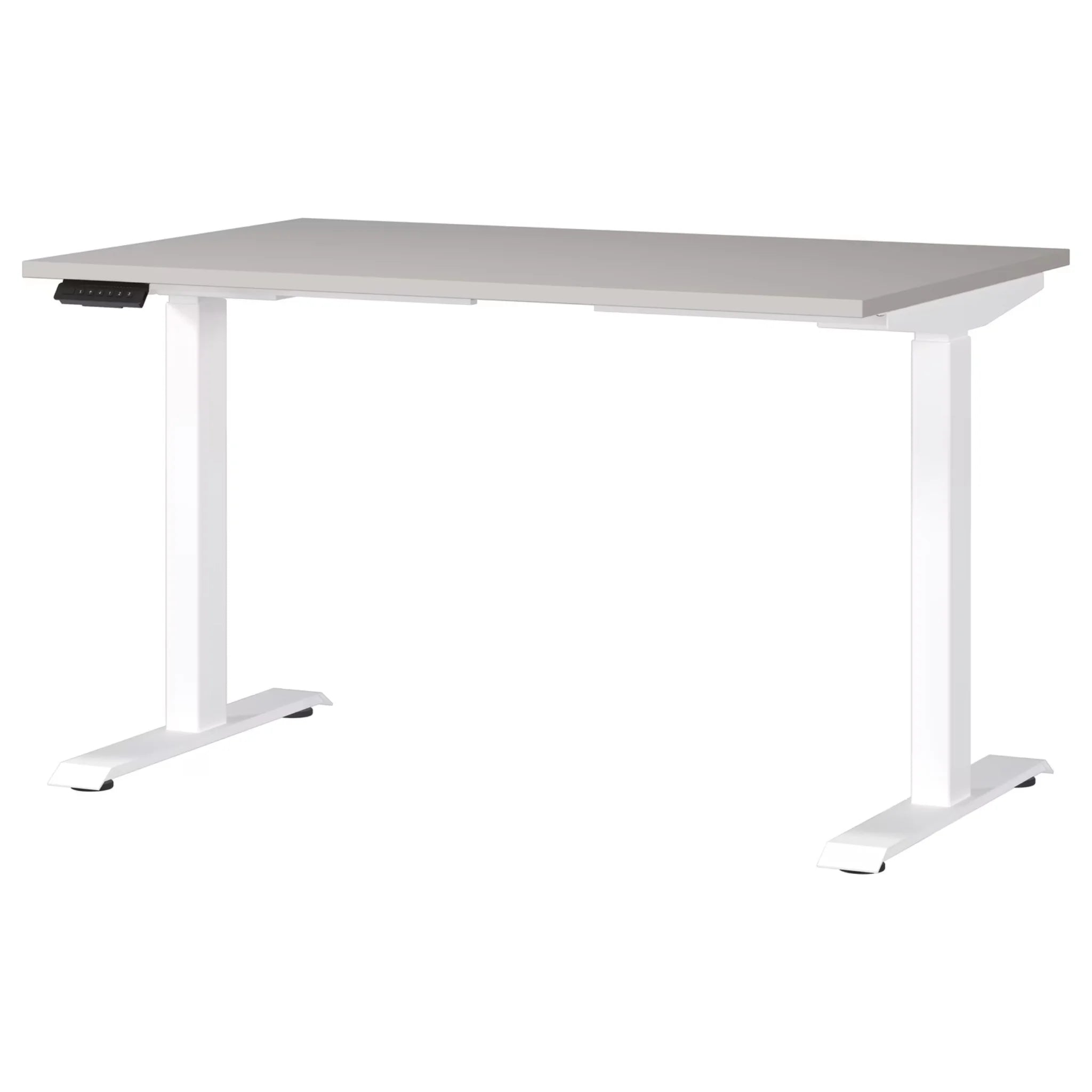 Elektrisch höhenverstellbarer Schreibtisch mit grauer Tischplatte und weißem Gestell, moderner Design für das Home Office.