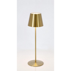 Goldene LED-Tischlampe Etna, schlankes Design mit rundem Sockel und konischem Metallschirm, Höhe 38 cm