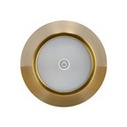 LED-Tischlampe Etna Gold mit Touch-Schalter, runder Lampenschirm in Weiß mit goldenem Rahmen