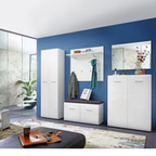 Moderner weißer Schuhschrank Adana von Germania mit blauer Wand, Garderobe und Spiegeln im Flur