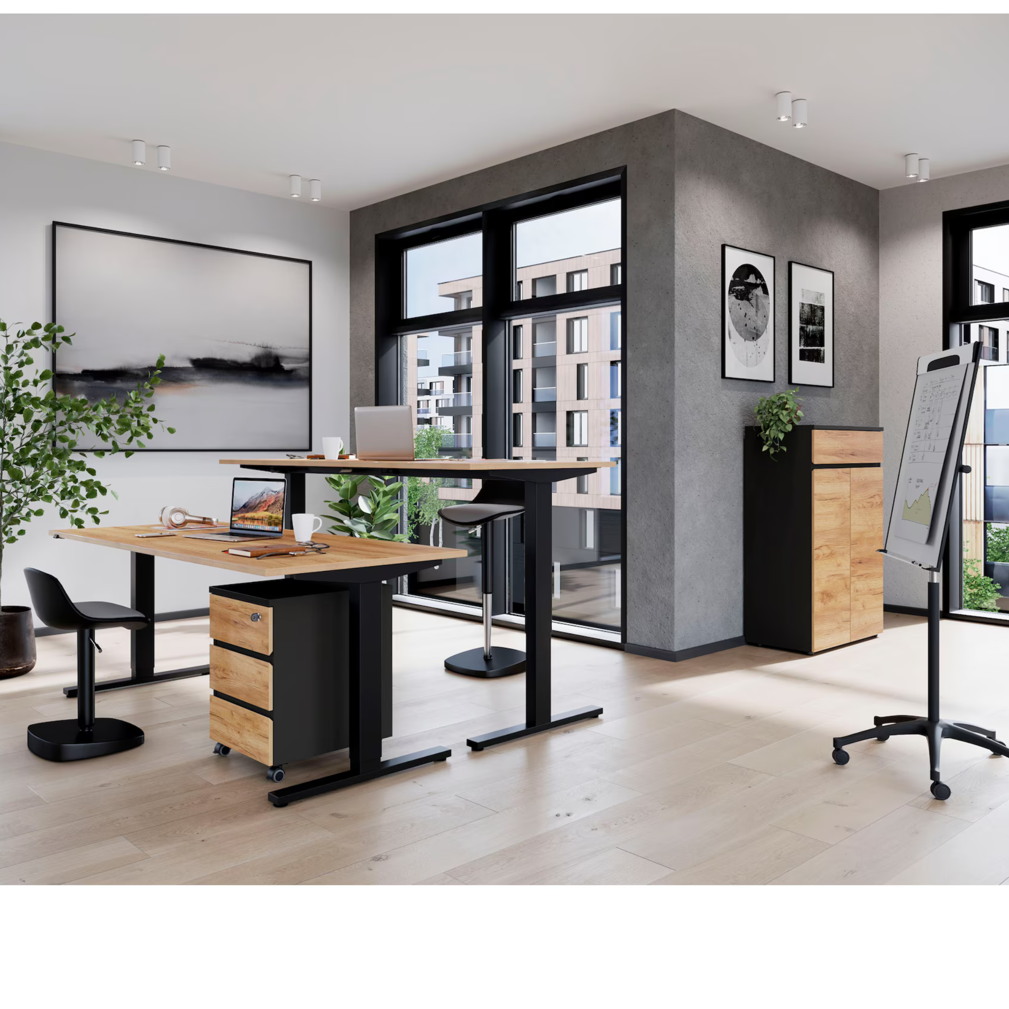 Modernes Büro mit Aktenschrank Lissabon 2-türig von Germania in Graphit und Navarra-Holz