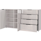 Germania Sideboard Oakland Weiss Hochglanz mit 2 Türen, Einlegeböden und 4 Schubladen geöffnet