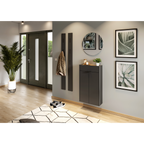 Moderner Garderobe-Set mit Mehrzweckschrank Ameca in Graphit, Wandpaneele und Spiegel im Eingangsbereich