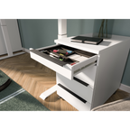 Weißer Rollcontainer Mailand mit geöffneter Schublade und Bürozubehör, modernes Homeoffice-Design