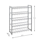 Großes silbernes Schuhregal aus Aluminium mit fünf Drahtablagen, Maße 80 x 30 x 106 cm, minimalistisches Design.