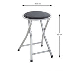 Klapphocker aus schwarzem Metall mit rundem, gepolstertem Sitz, silberfarbene Aluminiumbeine, 45 cm hoch, 30 cm Durchmesser, .