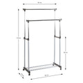 Rollgarderobe Doppel mit 2 Kleiderstangen, Ablagegitter, Maße: 95x170 cm, fahrbar, Metall silber