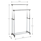 Rollgarderobe Doppel mit 2 Kleiderstangen, Ablagegitter, Maße: 95x170 cm, fahrbar, Metall silber