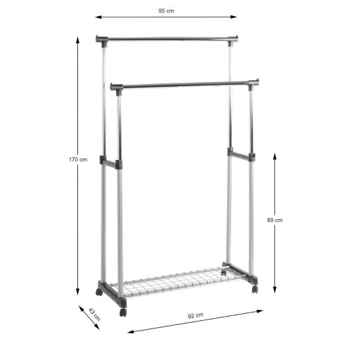 Penderie roulante gris chromé – portant à vêtements mobile avec double barre