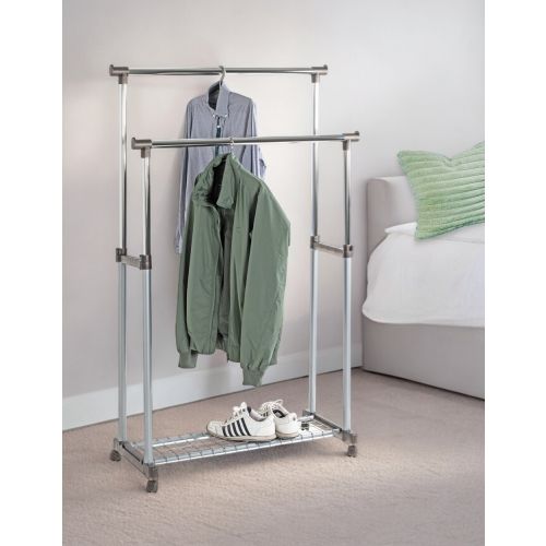 Penderie roulante gris chromé – portant à vêtements mobile avec double barre