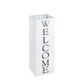 Weißer Schirmständer "Welcome" aus Metall mit ausgestanzter Schrift, quadratische Form, modernes Design