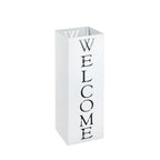 Weißer Schirmständer "Welcome" aus Metall mit ausgestanzter Schrift, quadratische Form, modernes Design