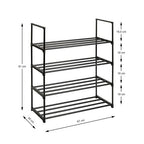 Schwarzes Schuhregal Jane mit 4 Ebenen, Maße: 67x30x81 cm, Metallgestell, Abstandsangaben sichtbar