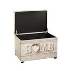 Sitztruhe "HOME" aus Holz in Weiss, geöffnet mit schwarzem Innenfutter, Landhausstil