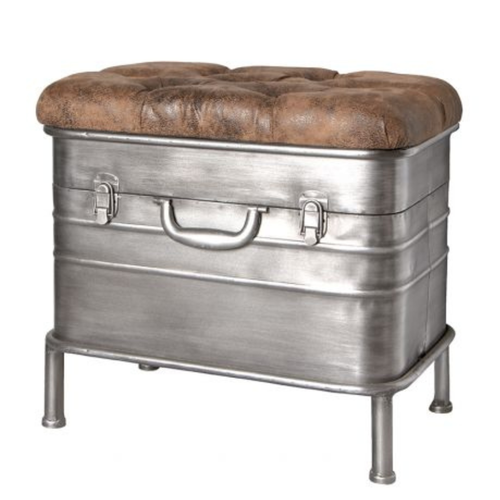 Vintage Metallkoffer-Bank Haku mit gestepptem Lederpolster und Rohrgestell, Industriedesign