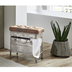 Vintage Metall-Bank Haku im Koffer-Design mit braunem Leder-Sitzkissen und Stauraum auf Holzboden