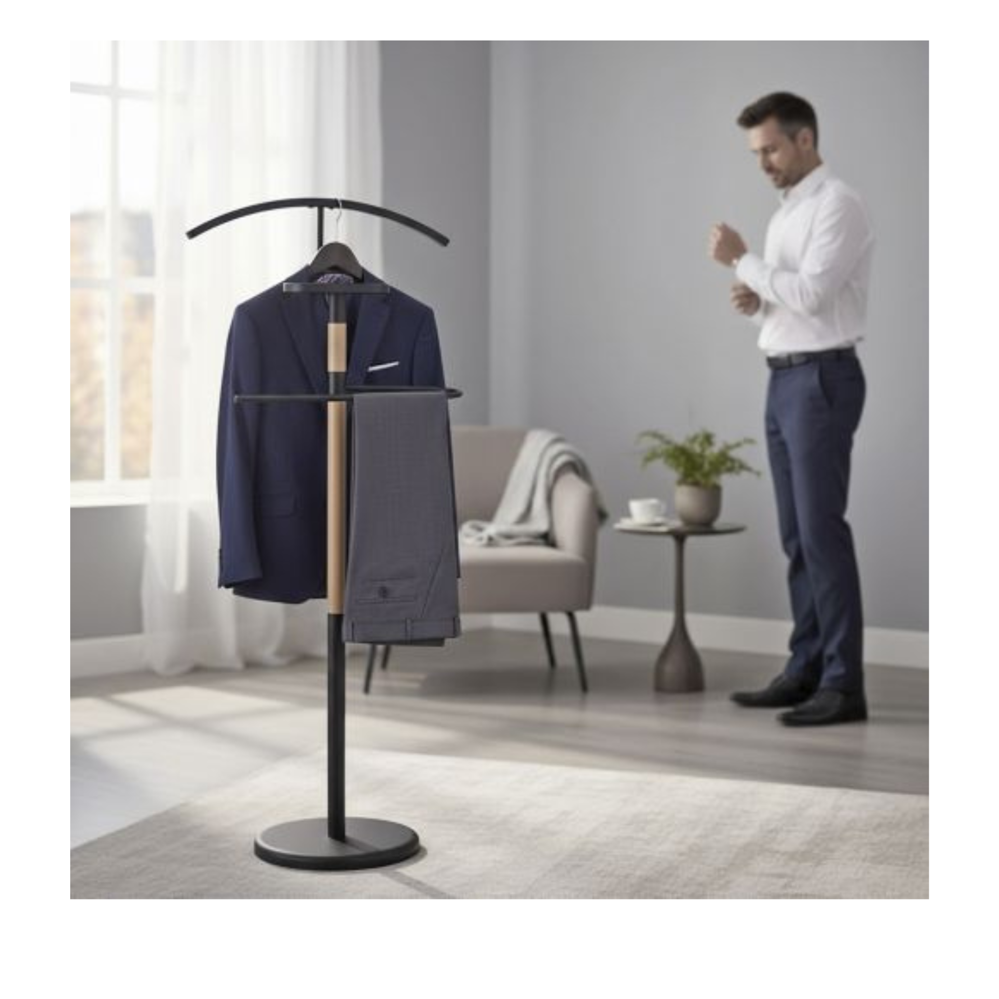 Herrendiener– moderner Kleiderständer aus Metall und Holz