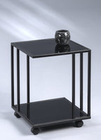 Schwarzer Beistelltisch Paris auf Rollen mit Glasplatten und dekorativem Windlicht, modernes Design