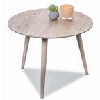 Couchtisch Oslo Bianco Wildeiche - moderner Holztisch mit drei Beinen, Sukkulente und Kerze auf der Platte