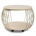 Moderner Couchtisch Taiwan in Creme-Weiß mit Rollen, Metallgestell und Ablagefläche.