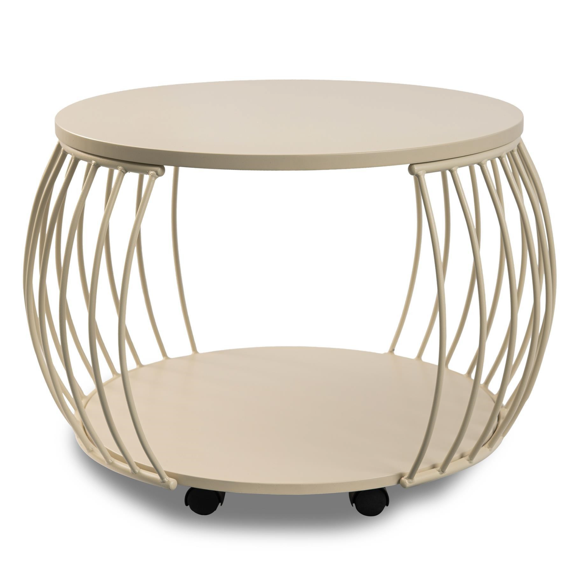 Moderner Couchtisch Taiwan in Creme-Weiß mit Rollen, Metallgestell und Ablagefläche.