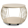 Moderner Couchtisch Taiwan in Creme-Weiß mit Rollen und Ablagefläche, runder Design Beistelltisch.