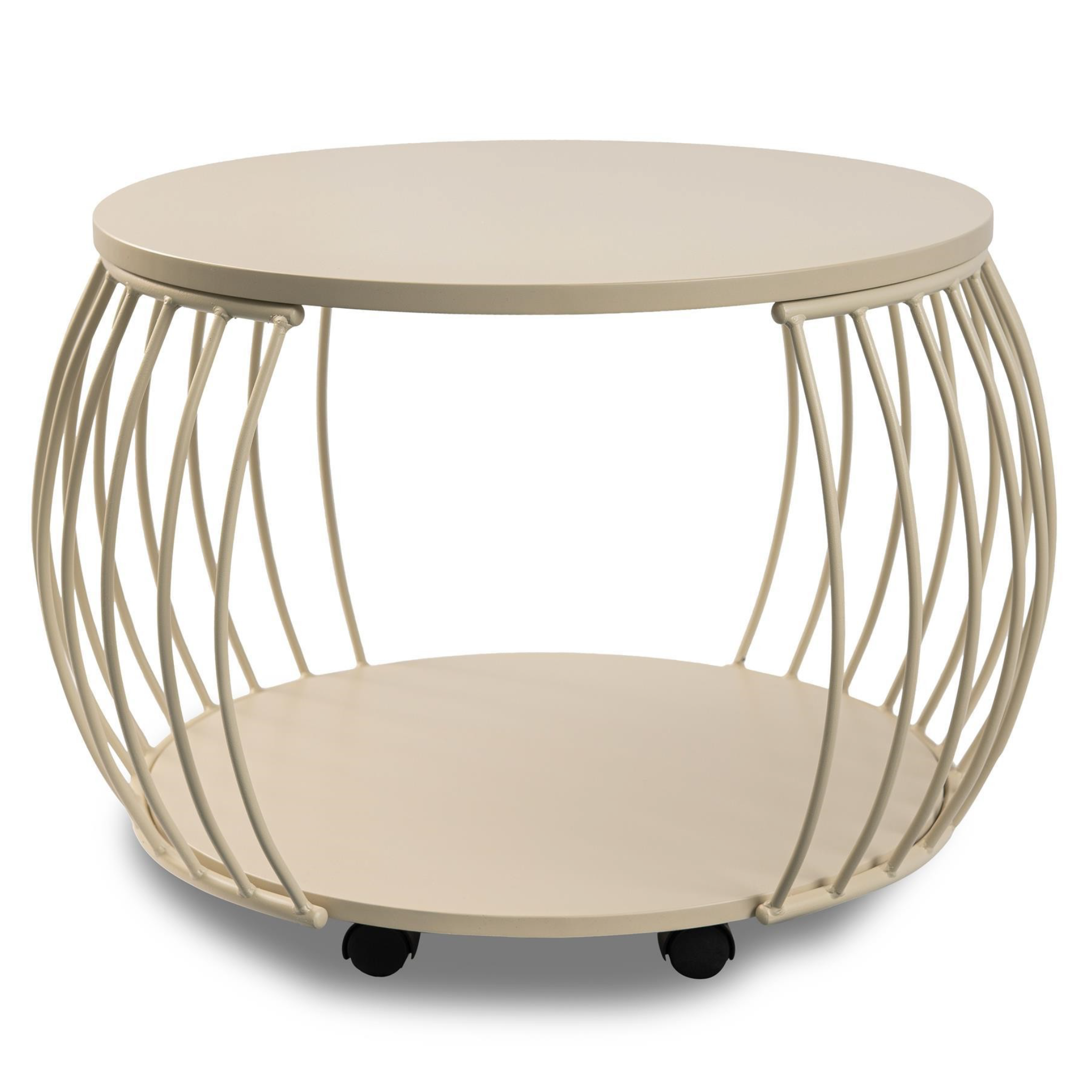 Moderner Couchtisch Taiwan in Creme-Weiß mit Rollen und Ablagefläche, runder Design Beistelltisch.