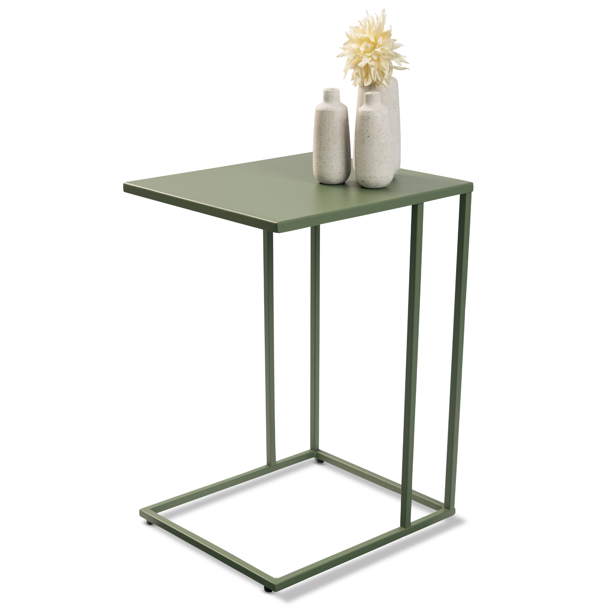 Beistelltisch Timur Salbeigrün - moderner Couchtisch mit Metallgestell, dekoriert mit Vasen und Blume