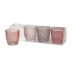 4er-Set Glas-Windlichter Boltze in Rosa/Grau mit verschiedenen Reliefmustern in transparenter Geschenkbox