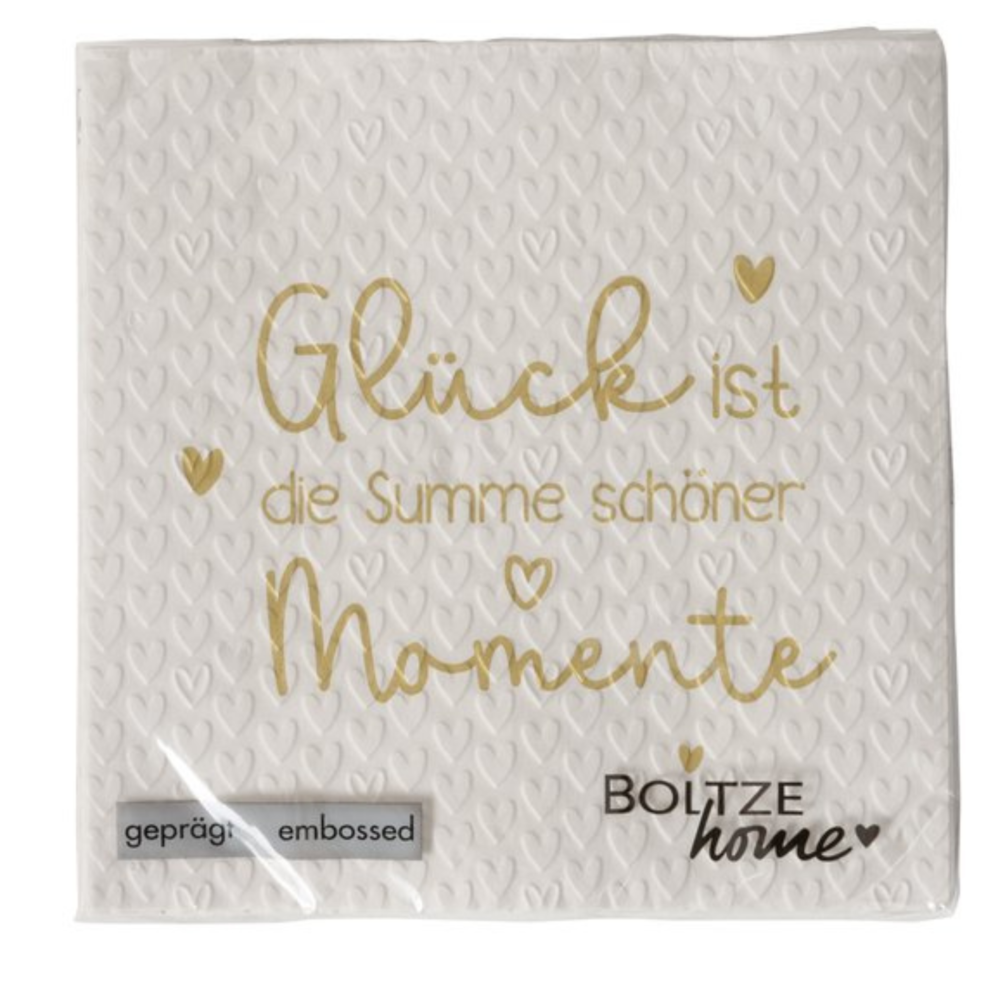 Boltze Servietten "Glück ist die Summe schöner Momente" mit goldenen Herzen, geprägt