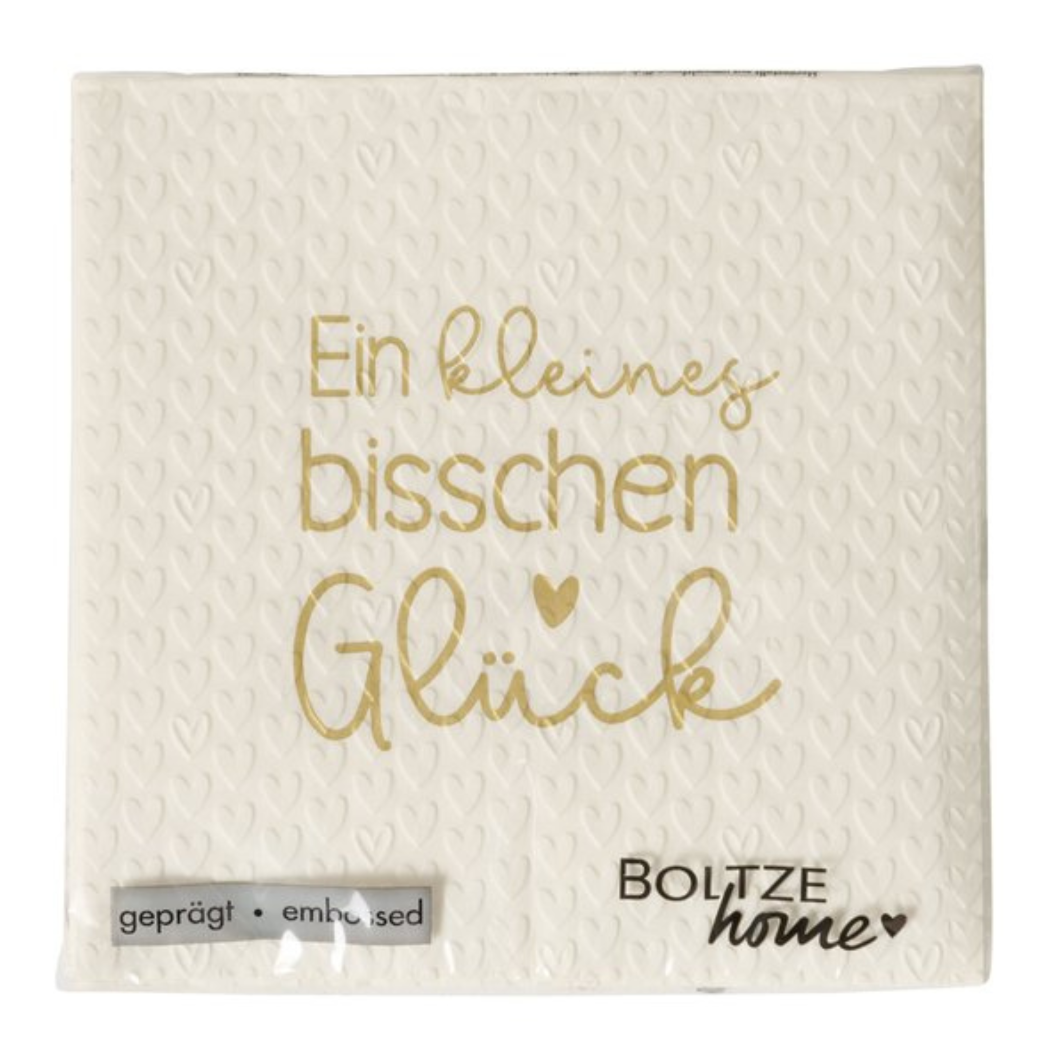 Boltze Servietten "Ein kleines bisschen Glück" mit goldenem Text auf Creme, 3er Set