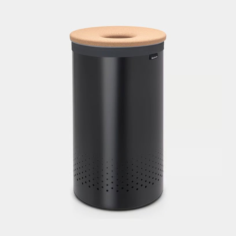 Panier à linge noir 60L avec couvercle en liège