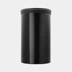 Brabantia Wäschekorb 60L in Schwarz mit Deckel und Belüftungslöchern, elegantes zylindrisches Design