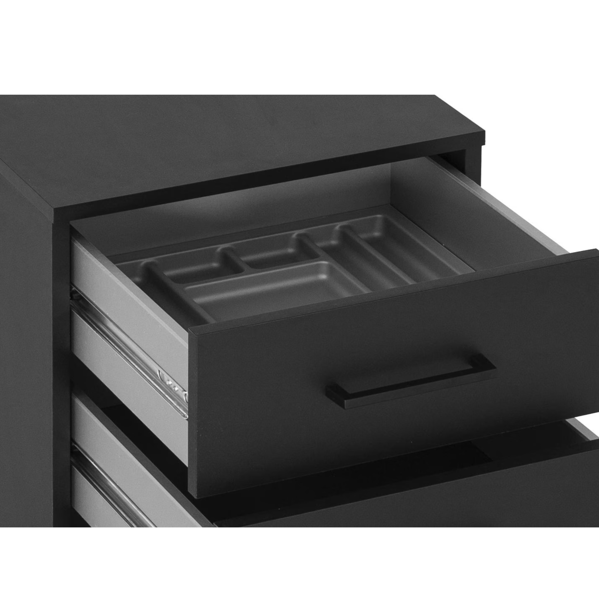 Schildmeyer Rollcontainer Schwarz mit offener Schublade und Besteckkasten - Organizer