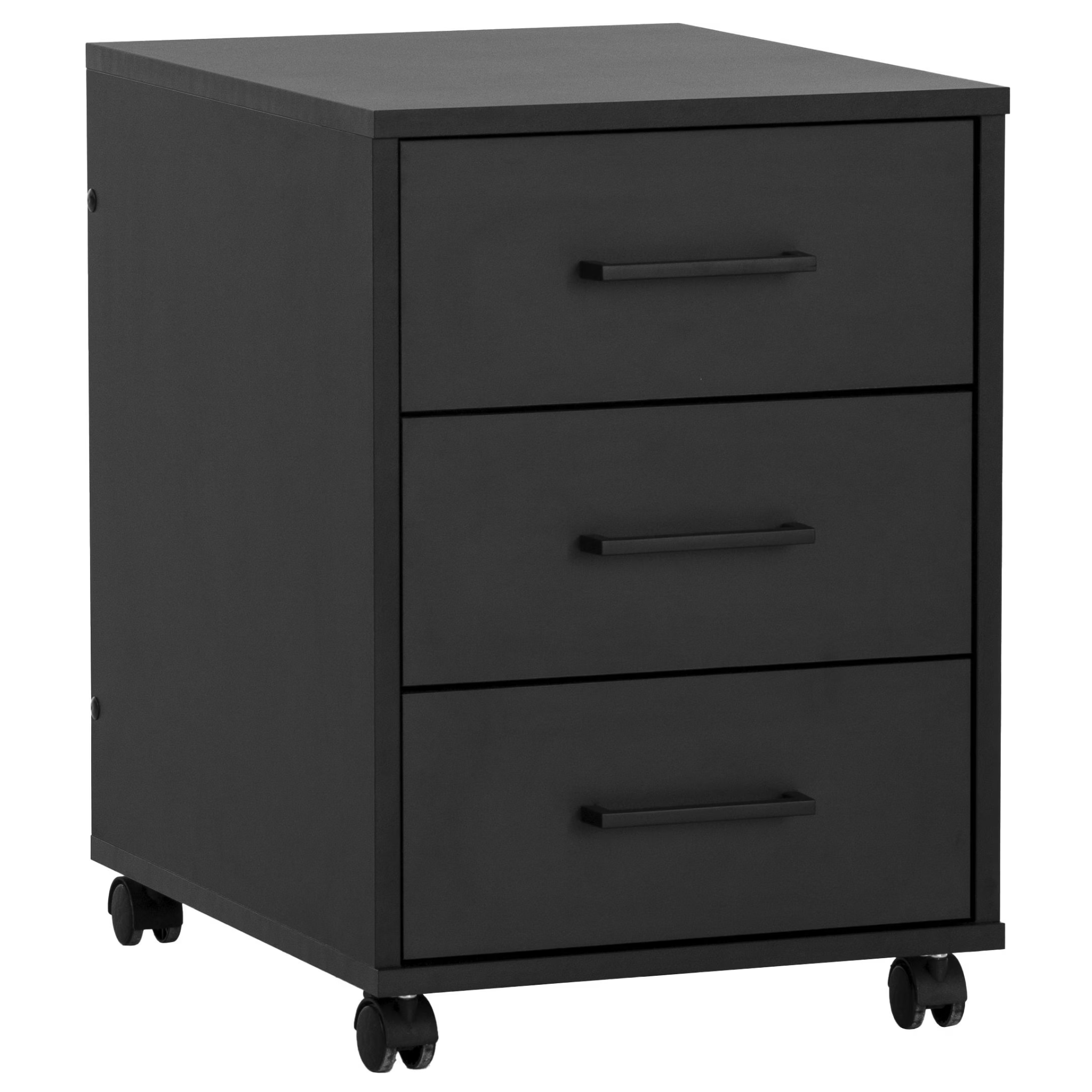 Rollcontainer schwarz 3 Schubladen mit Rollen, moderner Büro- und Wohnzimmercontainer