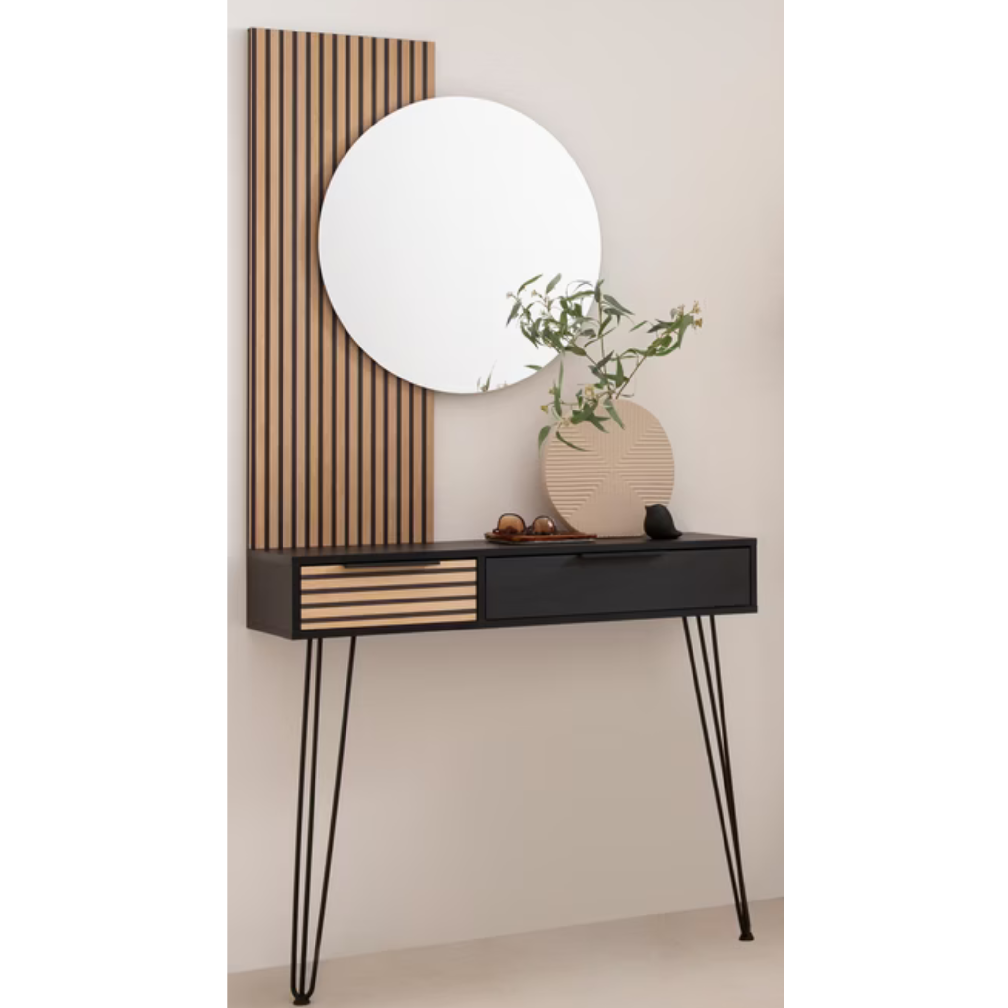 Schildmeyer Spiegel Hank800 - Moderner Wandspiegel rund mit Konsole und Hairpin-Beinen