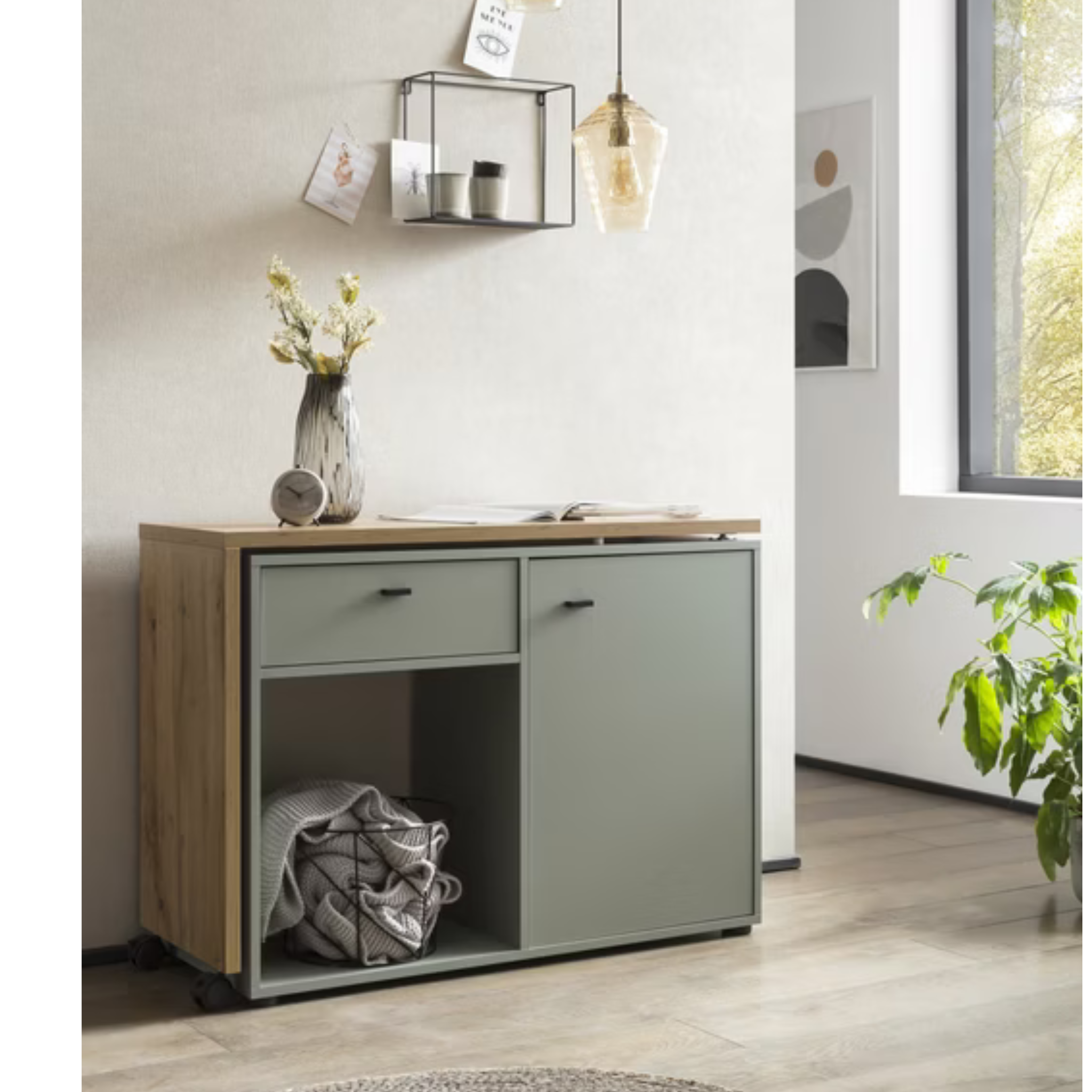 Schildmeyer Tiny Working Schreibtischkommode mit grünen Türen und Schubladen, moderne Büromöbel