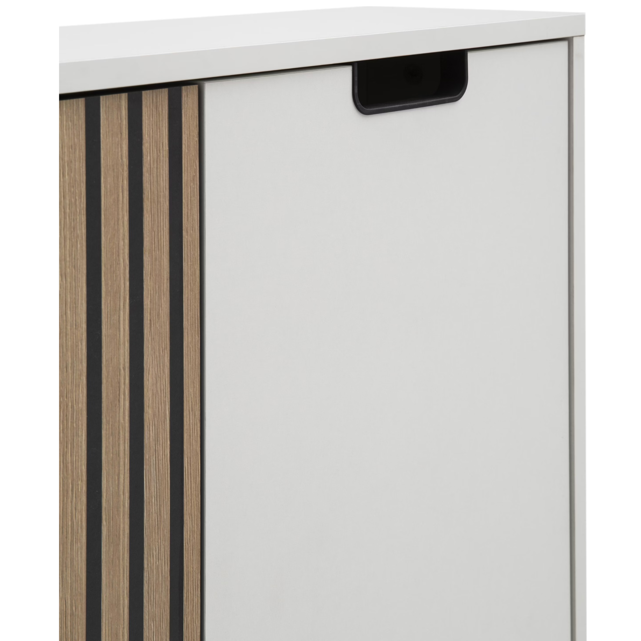 Schildmeyer Highboard Ryker Cancun Weiß mit Holzfronten und schwarzem Griff, modernes Design.