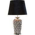 Tischlampe KARE Rose Multi, silberner Keramikfuss mit Rosenrelief, schwarzer Samtschirm, glamourös