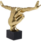 Goldene Athleten-Skulptur in Balancepose auf schwarzem Marmorsockel, dekorative Figur KARE Design