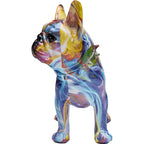 Bunte Dekofigur Französische Bulldogge aus Keramik mit mehrfarbigem Muster in Blau, Gelb und Pink