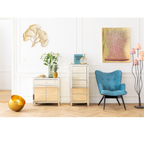 Goldenes Kare Wandbild "Flower Boat" 80x100cm im eleganten Wohnzimmer mit blauem Samtsessel und Spiegelkommode