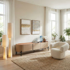 Abstraktes Wandbild „Abstract Fields" 55x75cm in Beige-Gold über modernem TV-Lowboard im hellen Wohnzimmer