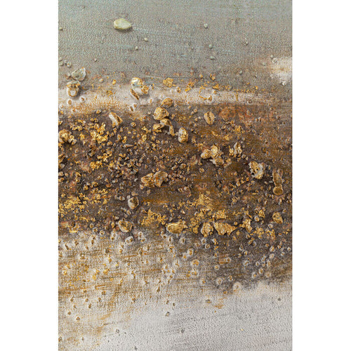 Abstraktes Gemälde „Horizon" mit goldenen Texturen, Erdtönen und silbergrauem Hintergrund, 55x75cm