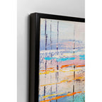 Abstraktes Gemälde Orizzonte in schwarzem Rahmen, 80x100cm, bunte Streifen in Blau, Orange und Gelb