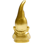 Goldene Zwerg-Figur mit Spitzhut und Rüschenkragen, dekorative Gnome-Skulptur in glänzendem Gold